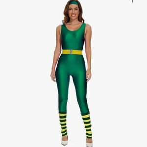 NEW 80s Workout Halloween Costume Outfit 80s Leotard Jumpsuit Headband Belt L